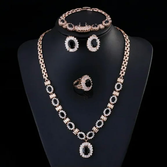 Yellow Gold Plated Blue CZ Jewelry Crystal Necklace Earrings Ring Bracelet Set