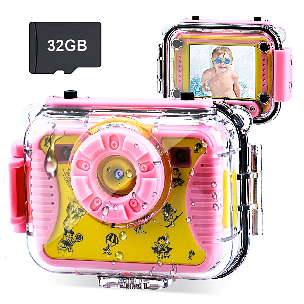 uhomepro Kids Camera for Girls Gifts, Underwater Camera Rotatable 8MP 1080P HD Waterproof Digital Camera Kids Toys Camera with 2.4inch IPS Screen, 32G TF Cards, Pink