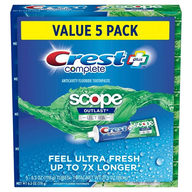 Crest Complete + Scope Outlast Ultra Toothpaste, 6.3 Ounce (Pack of 5)