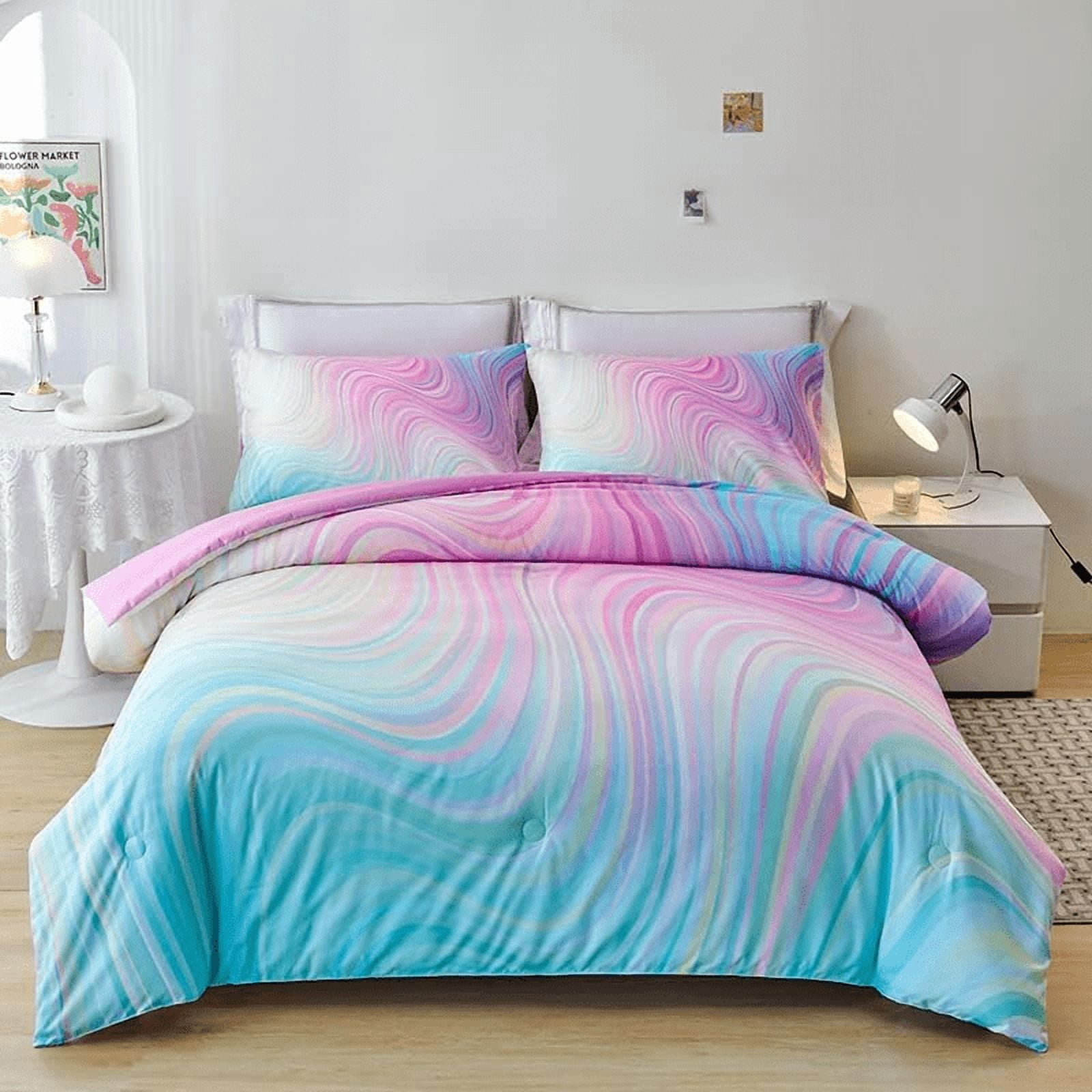 Psoiuetr Pink Tie Dye Gradient Wavy Line Comforter Set Queen Size Rainbow Bedding Set with 2 Pillowcases for Boys Kids Girls Teens 3Pcs
