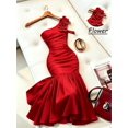 thumbnail image 3 of Women's Red 3D Floral Asymmetric Shoulder Bodycon Evening Dress, 3 of 16