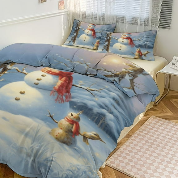 Merry Christmas Snowman Christmas Tree Duvet Cover Set Themed Multicolor Polyester Bedding Set for Bedroom Decoration