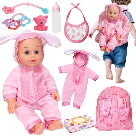 LINXUXIE 12" Baby Doll in Gift Box with Pink Backpack, Cloths, Feeding Bottle and Pacifier, First Baby Dolls for Toddlers 3 Years and Up