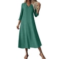 thumbnail image 4 of Wyobmus Summer Casual Dresses for Women 3/4 Sleeve Linen Midi Dress Flowy Solid Color Round Neck T-Shirt Dress Mint Green, 4 of 9