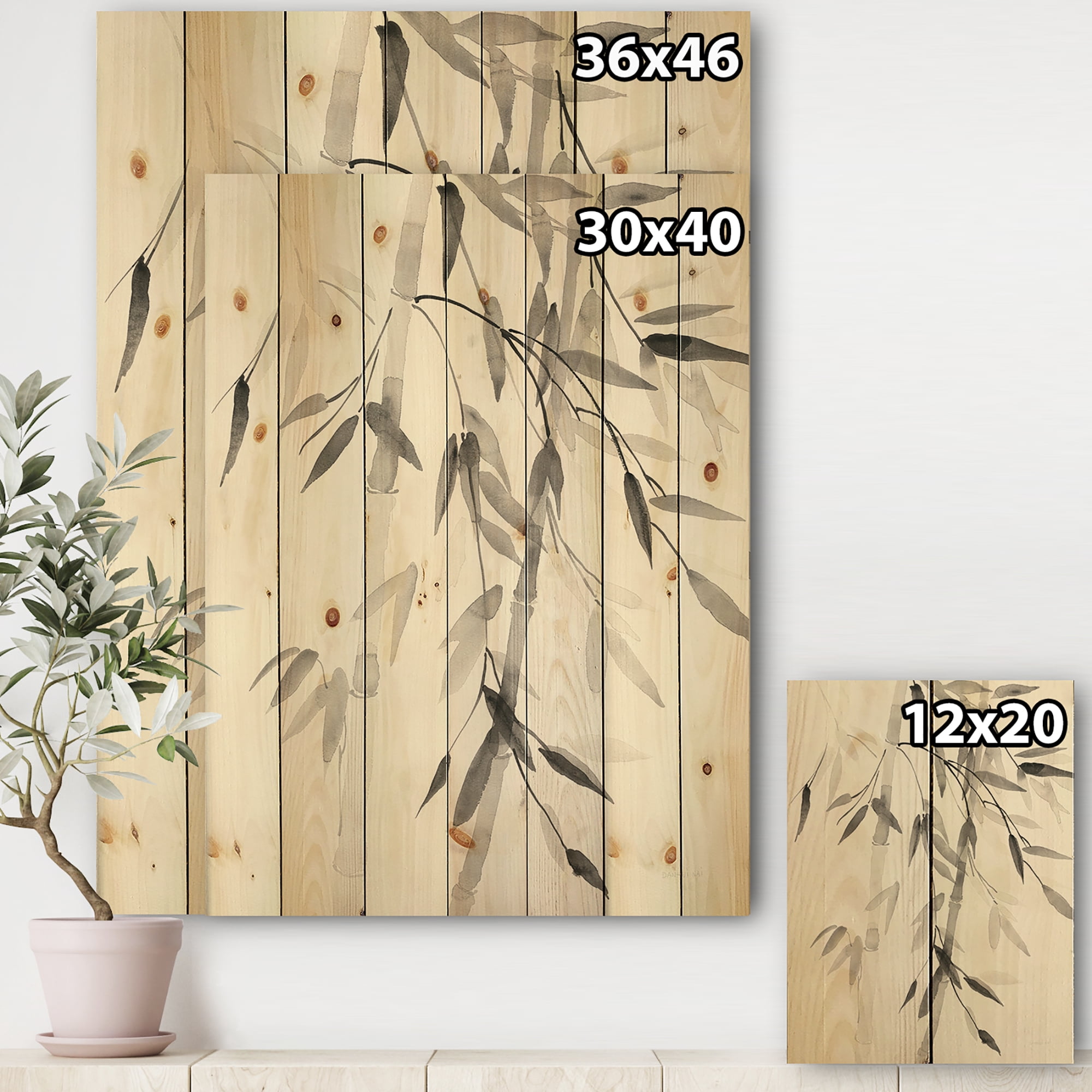 Designart 'Abstract Simplist Bamboo Leaves V' Cabin & Lodge Print on Natural Pine Wood