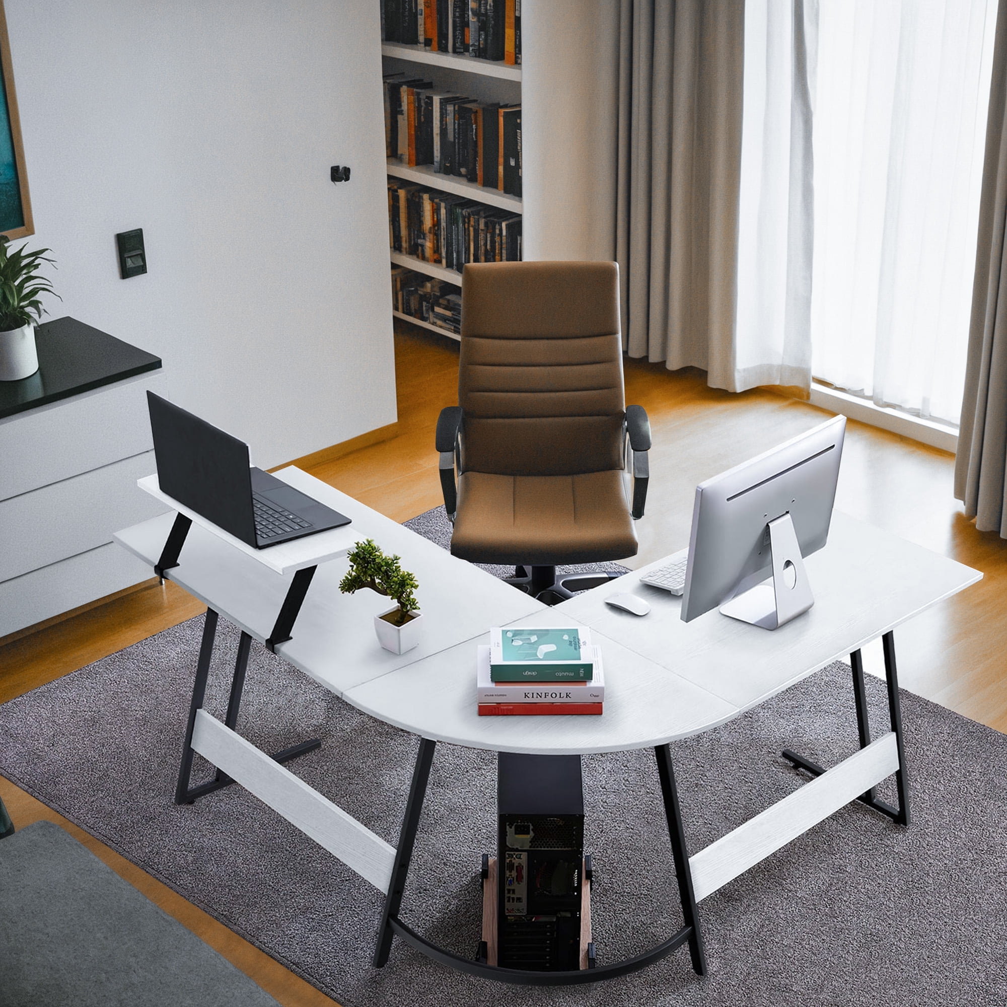 Vineego L-Shaped Computer Desk Modern Corner Desk with Small Table,White