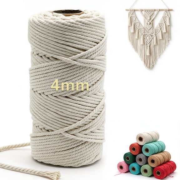 Beige Cotton Macrame Rope - 4mm x 109Yards (328Feet), 4 Strands Twisted Macrame Cord for Bohemia Wall Hanging, Crafts, Plant Hangers, DIY Knitting,Wedding Decor