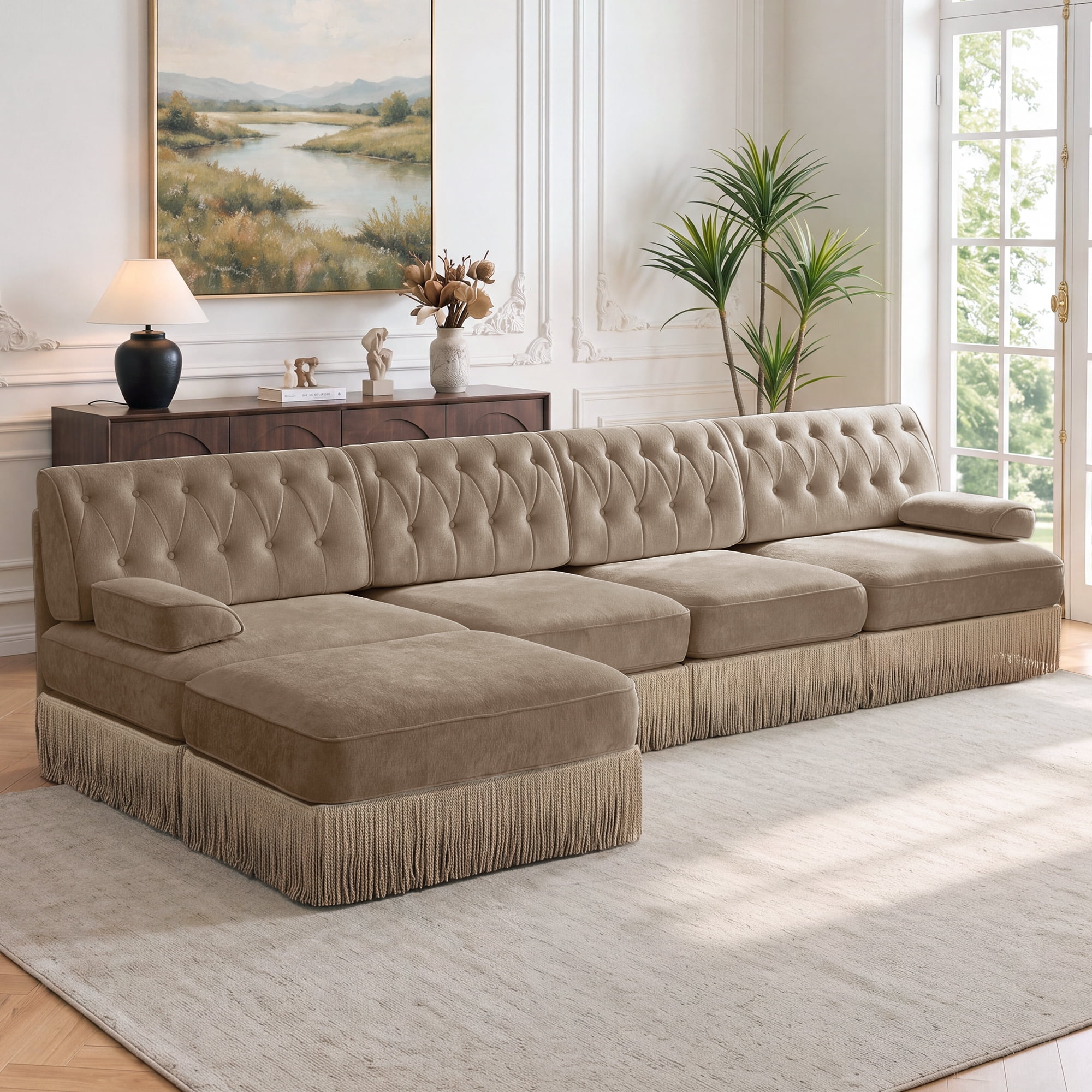 135" Chesterfield 4 Seater L-Shaped Modular Sectional Sofa Set with Ottoman and Tassel Skirt, Easy to Assemble