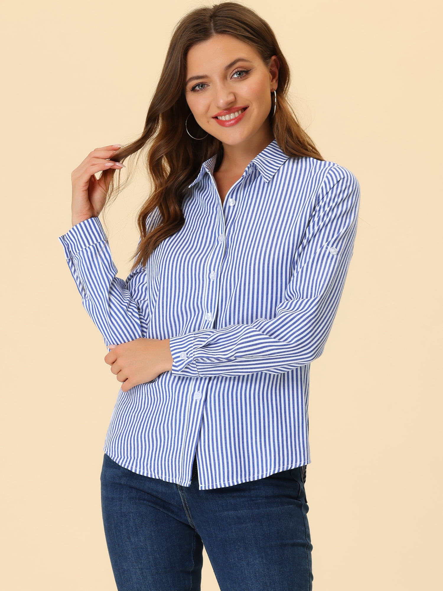DARING DIVA Women's Button Down Long Sleeve Vertical Stripes Shirt L Blue