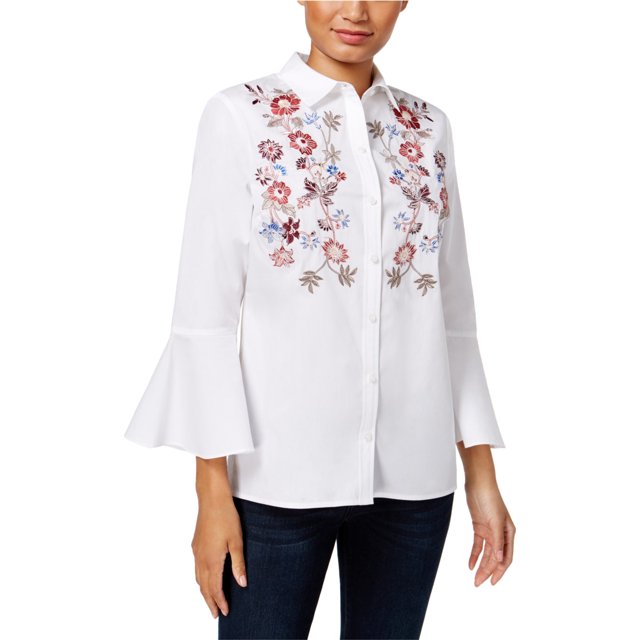 Charter Club - Camisa bordada con botones para mujer, color blanco, cuello de 18.0 in y manga Charter Club Camisa con botones