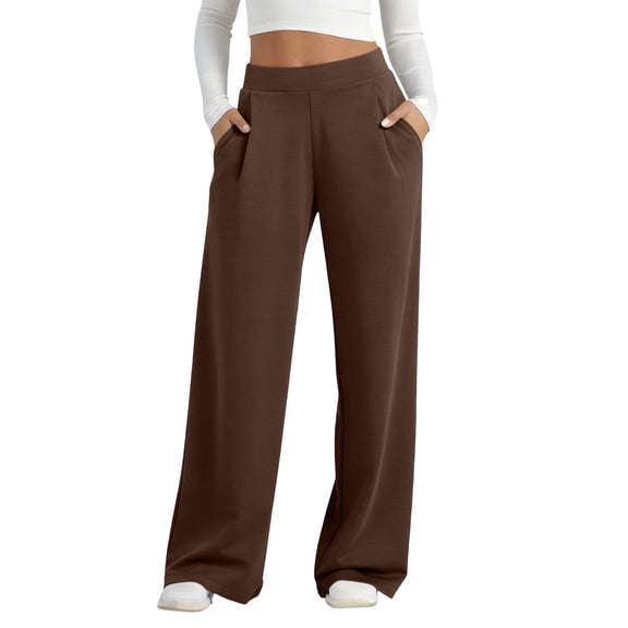 hlysgo Womens Casual Pants High Elastic Waist Wide Straight Leg Trousers Yoga Loose Fit Pant with Pockets Brown,L