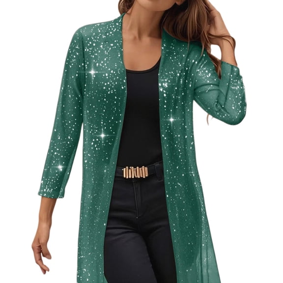Yigetop Women's Glitter Cardigan Elegant Festive Tops Long Sleeve Sequin Jacket Lightweight Casual Holiday Party Outerwear Blackish Green L