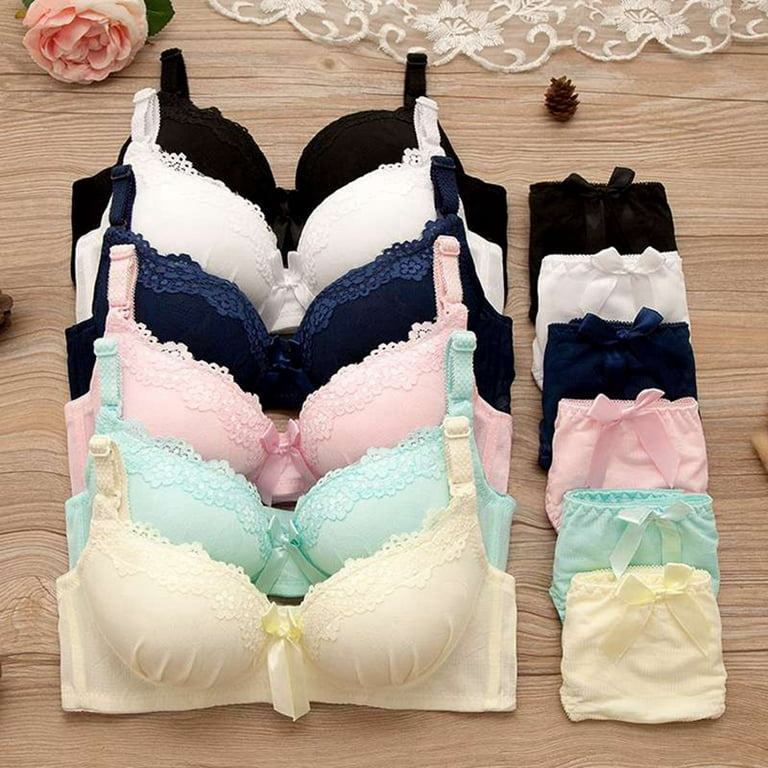 Bras For Women,Lace No Steel Ring Small Chest Gathered Adjustable Bra + Panty  Set(70B-85B) 
