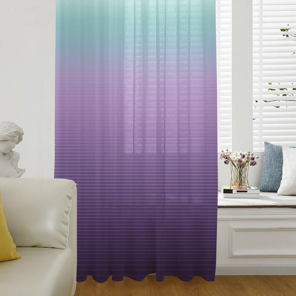 Teal Purple Ombre Semi Sheer Curtains Drapes for Living Room,Bedroom,French Doors Window 72 Inches Long,Modern Geometric Striped Abstract Art Rod Pocket Chiffon Curtain Drapery Voile Draperies Panel