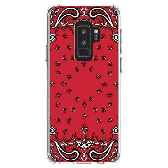 DistinctInk Clear Shockproof Hybrid Case for Samsung Galaxy S9  PLUS (6.2" Screen) - TPU Bumper, Acrylic Back, Tempered Glass Screen Protector - Bandana Print - Red, Black, White