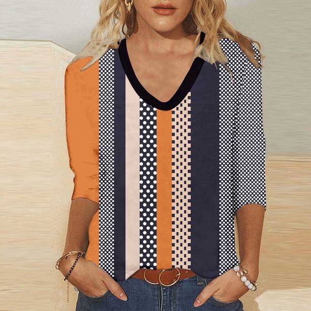 Fiudx Ofertas Del Día Top con Cuello En V y Manga 3/4 con Estampado Informal a La Moda para Mujer
