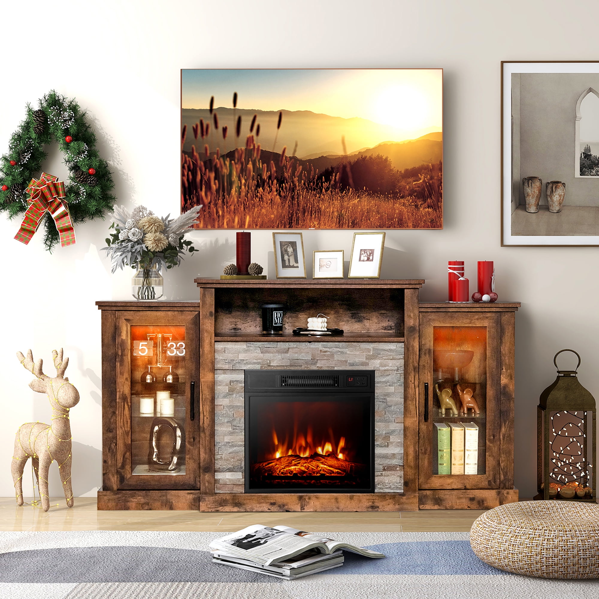 Costway Fireplace TV Stand w/ Led Lights & 18" Electric Fireplace for For 65" Wall-Mounted TV