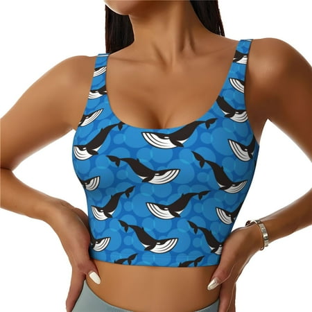 Adobk Whale And Sea Print Sports Bras for Women Longline Workout Crop Tank Tops Padded with Built in Shelf Padded Sports Bra-
