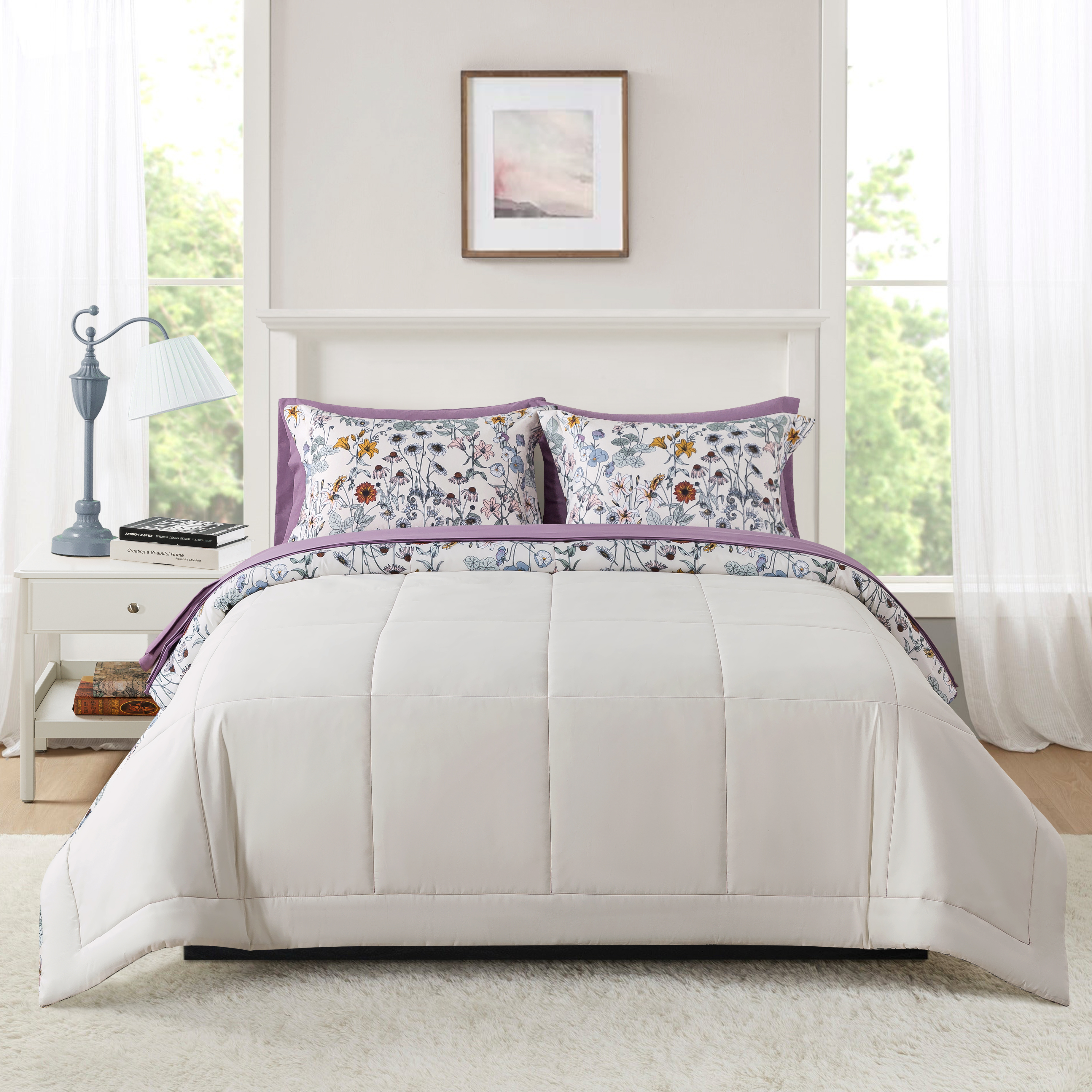 Mainstays All in One Reversible Comforter and Sheet set- 7 Piece, Full, White Multi Floral