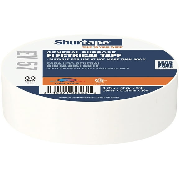 Shurtape-200783 EV 57 General Purpose Grade, UL Listed Electrical Tape - White - 3/4in x 66ft - 1 Roll