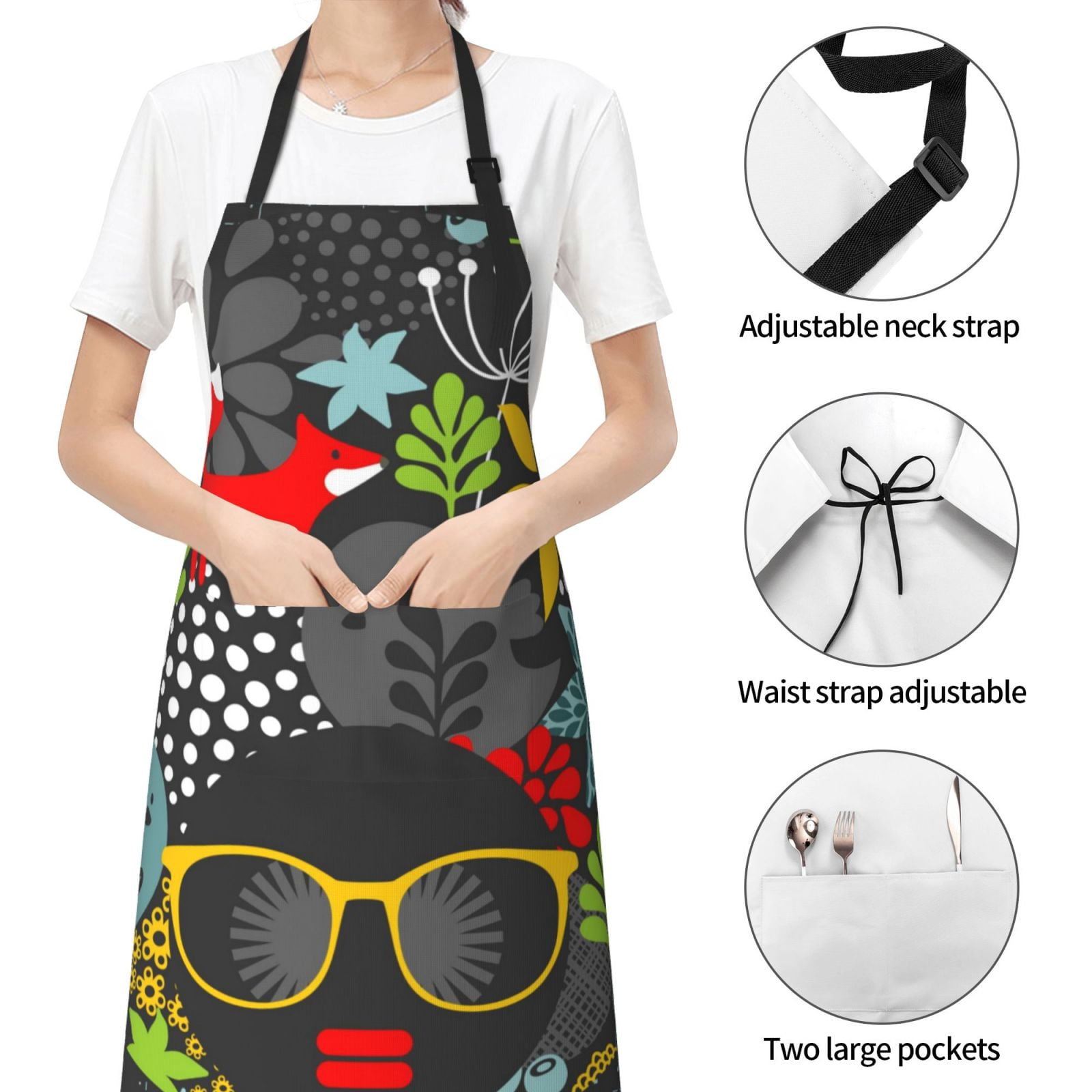 Kdxio Black Head Woman with Fox Hair Apron with Pockets Adjustable Kitchen Aprons for Men Women Waterproof Aprons for Cooking,Drawing,Crafting, Baking Household Cleaning