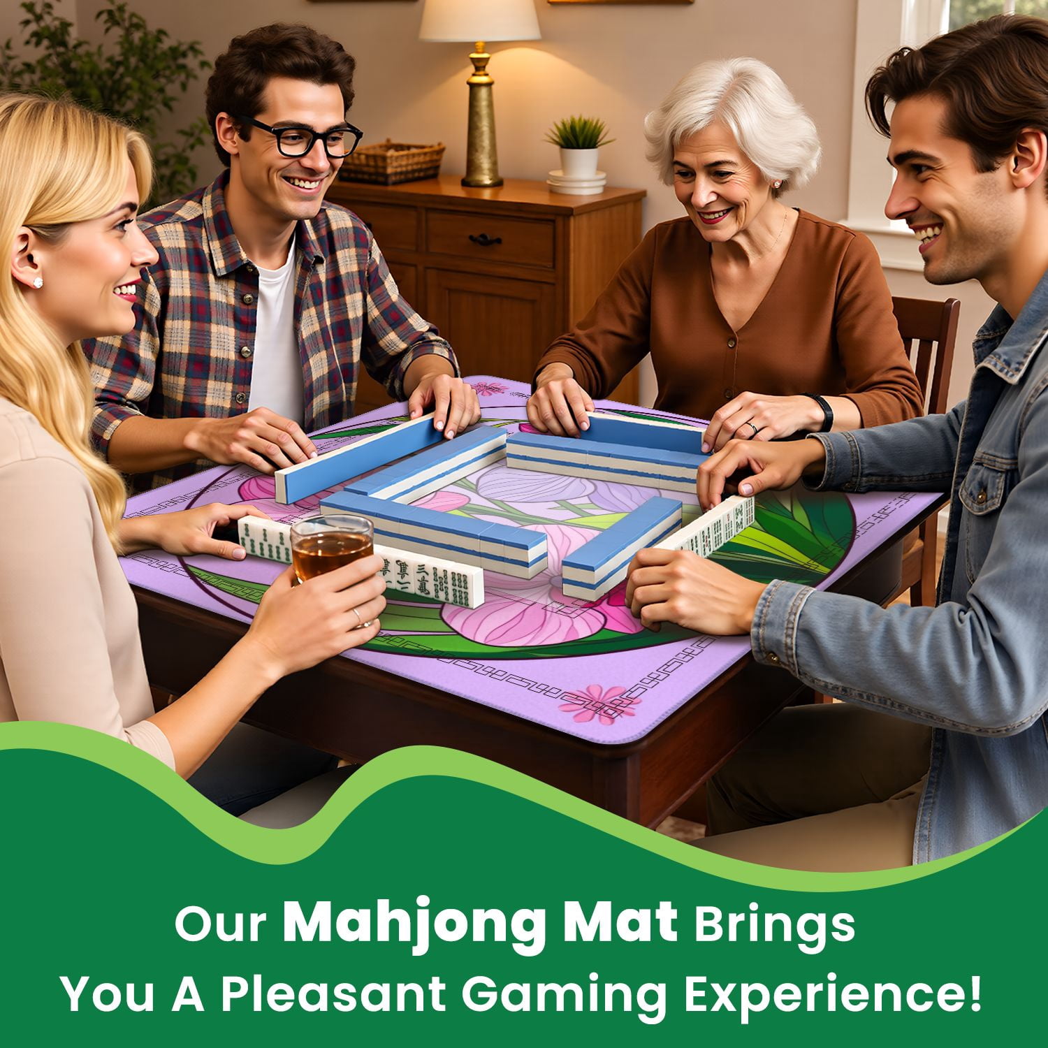 Mahjong Mat 31.5" x 31.5" Vibrant Orchids Pink Purple Greenery Non-Slip Noise Reduction American Mahjong Tiles Table Cover for Dominoes Poker Card Board Games Gift