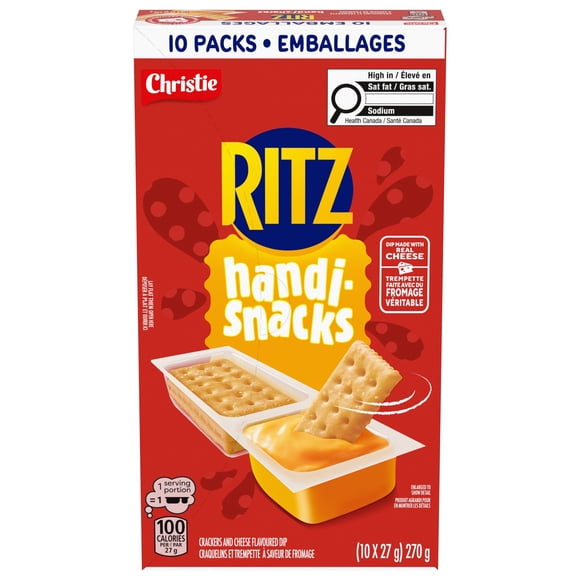 Craquelins Handi Snacks de Ritz, emballage de 10, emballés individuellement, collations pour l'école, collations pour la boîte à lunch, craquelins et trempette faite avec du fromage véritable