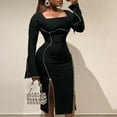 thumbnail image 2 of Mrat Women's Bodycon Dress Long Sleeve Squares Neck Dresses Rhinestones Side Split High Waist Midi Stetchy Bodycon Dress S-231 Black 3XL, 2 of 7
