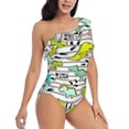 thumbnail image 3 of Uemuo Funny Dinosaurs on Stripes Print Women's One Piece Swimsuit Asymmetrical Neck Bathing Suit One Shoulder Side Cutout Ruffle Swimwear-X-Large, 3 of 6