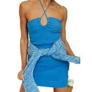 Womens Y2K Halter Tie Dye Mini Dress Boho Printed Lace Up Bodycon Dress Tropical Beach Dresses