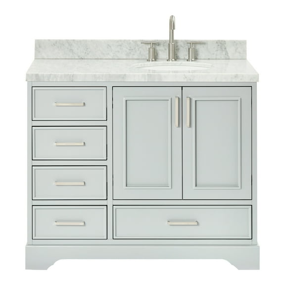 Ariel Stafford 43 Inch Single Right Offset Oval Sink Vanity With Carrara White Marble Countertop W/1.5" Edge In Grey