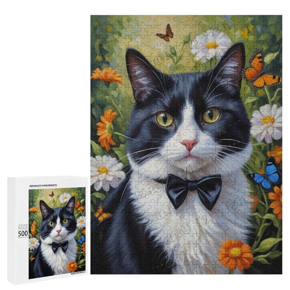 Tuxedo Cat With Flower Oil Painting 500-Piece Jigsaw Puzzle - A Fun Challenge for Adults Who Love Cats,Wooden