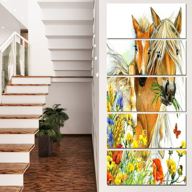 Cheval et Poulain avec Fleurs - Impression sur Toile d'Art Animalier