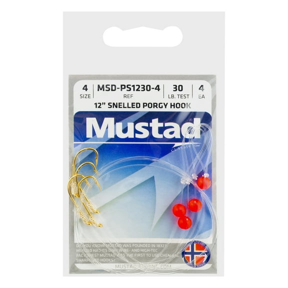 Mustad Classic Line Size 4 12" Snelled Porgy Hooks, 4 ct