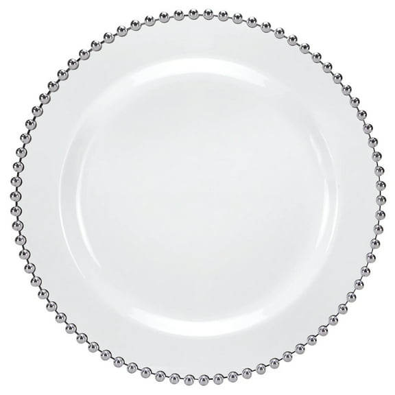 Party Source 10" White w/ Silver Beaded Dinner Plastic Party Plate 10 Count