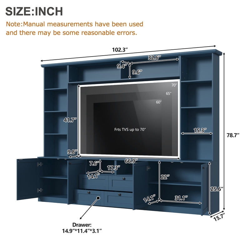 Farmhouse Entertainment Center Wall Unit with Drawers & Adjustable Shelves, TV Stand Media Console with Bridge for TVs Up to 70"