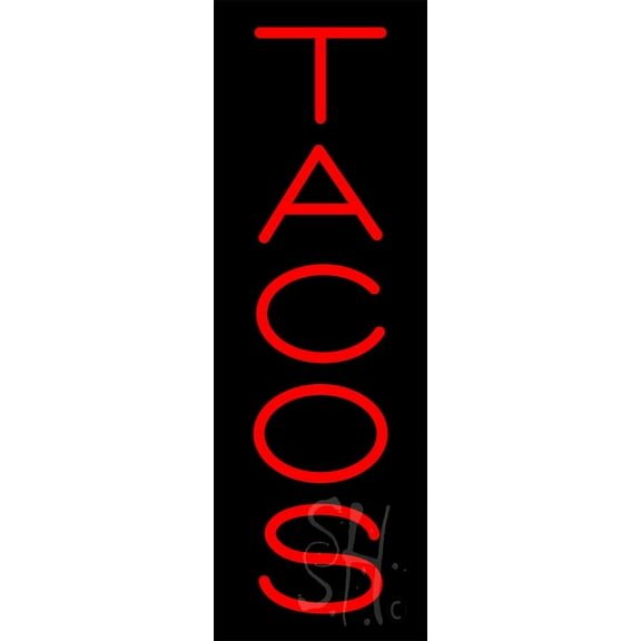 Vertical Red Tacos LED Neon Sign 24" Tall x 8" Wide, Clear Edge Cut Acrylic Backing, with Dimmer - Bright and Premium built indoor LED Neon Sign for restaurant window and interior decor.