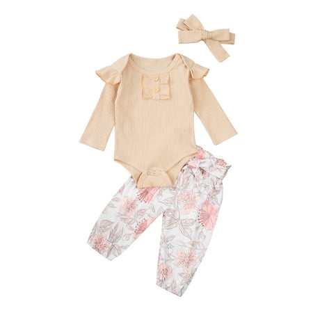 

Canrulo Newborn Baby Girls Clothes 3pcs Flowers Print Ruffles Long Sleeve Romper Pants Headband Sets Khaki 3-6 Months