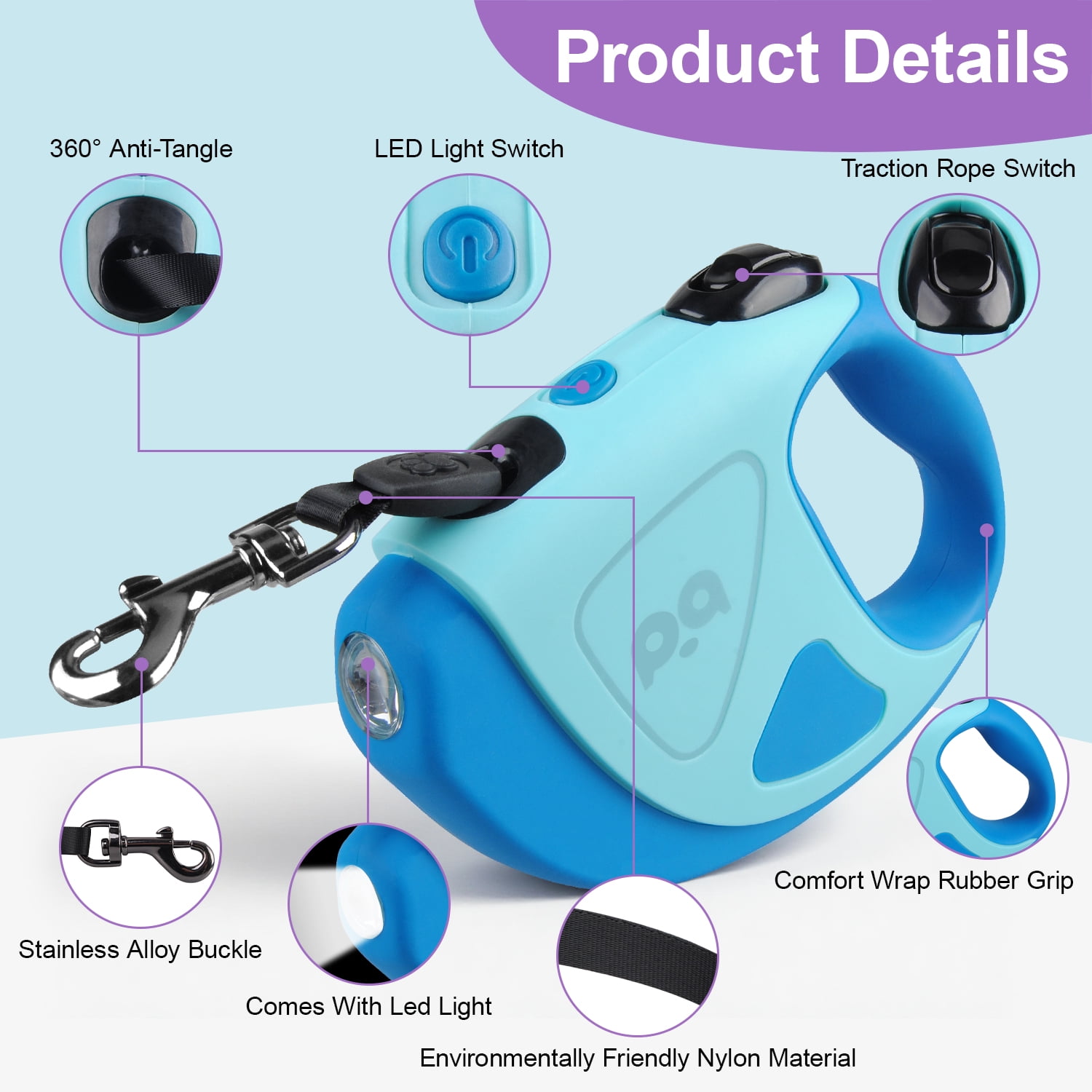 16Ft Retractable Dog Leash w/ LED Flashlight,ABCPOW Lightweight Pet Leash for Small Medium Dogs Up to 66 lbs,Anti-Slip Handle,Stainless Metal Spring Strong Nylon Tape,Tangle Free,One-Handed Brake