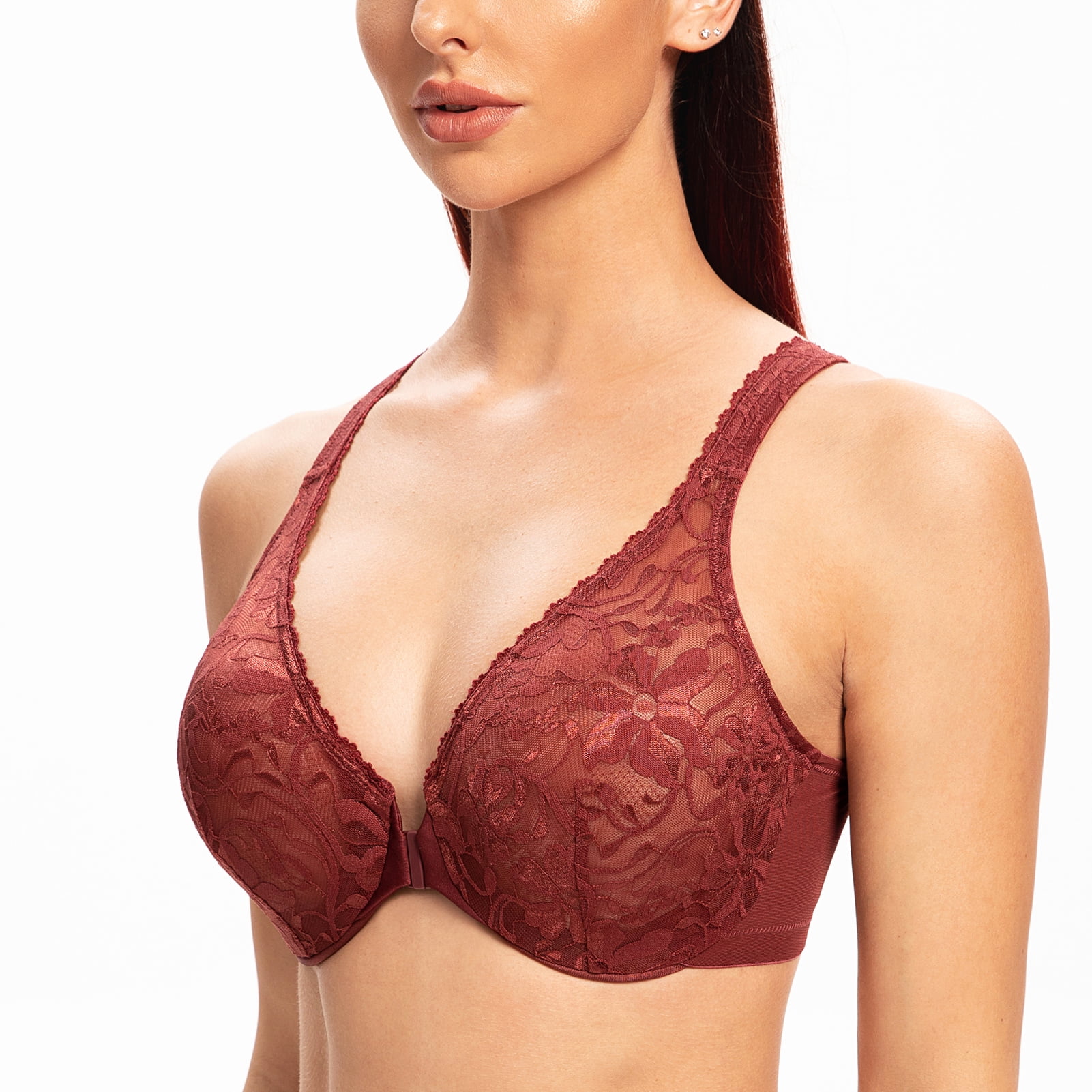MELENECA Women's Front Closure Stretch Lace Underwire Bra Cabernet Red 46B