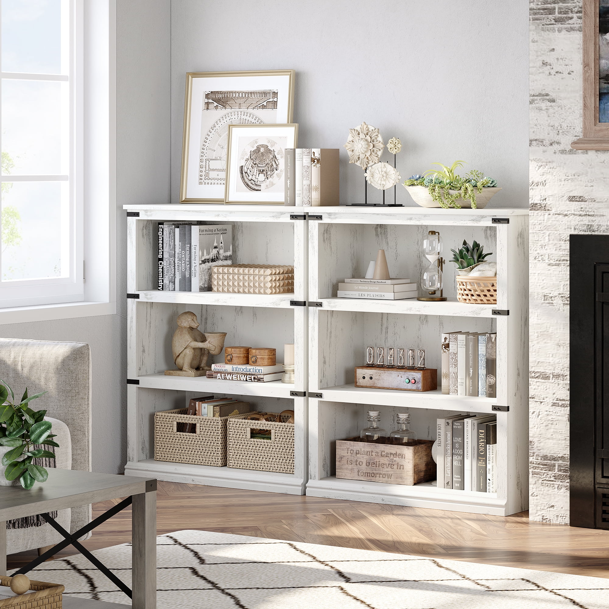 Litake 3 Tier Bookcase, Farmhouse Book Shelf with Storage Open Display Bookshelves, 43.3" Low Book Case Wooden 3 Shelf Bookcase Home Decor Furniture for Home Office, Living Room, Bed Room - White