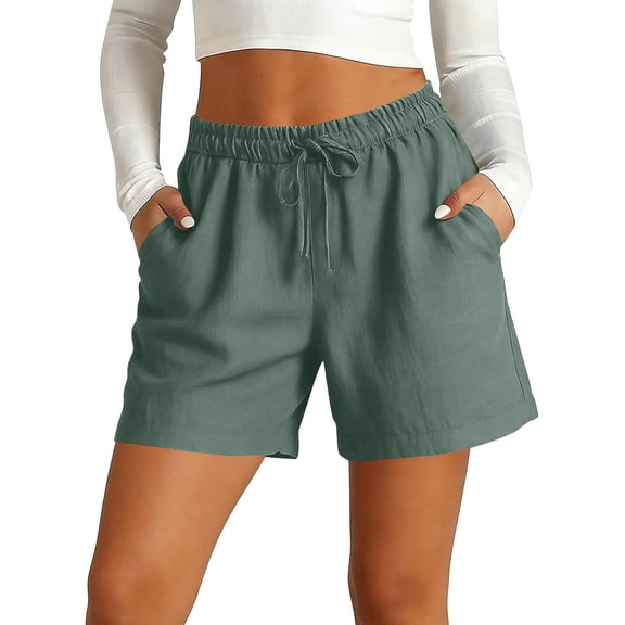 hlysgo Womens Casual Linen Shorts Wide Leg Loose Fitness Elastic Waist Short Breathable Summer Beach Travel with Pockets Army Green,L