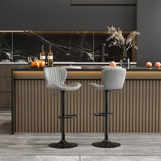 Walsunny Adjustable Bar Stools Set of 2 Leather Upholstered Swivel Counter Stools Counter Height Bar Stools with Large Base, Room Bar, Grey