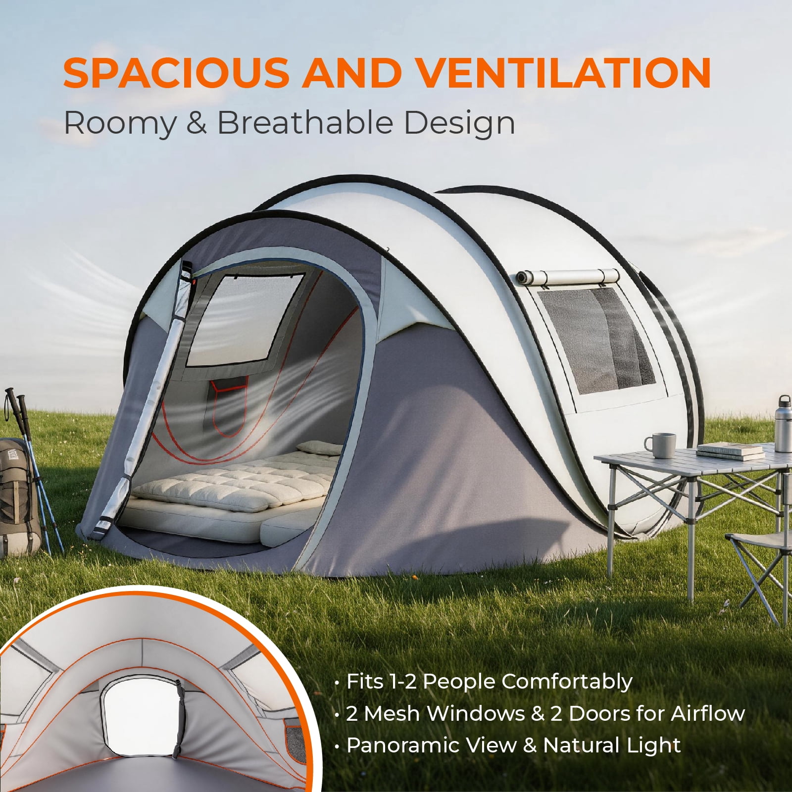 Instant Pop-Up Camping Tent for 3-4 Persons, Waterproof 210T Polyester Tent with Front Awning, Dual Mesh Doors & Storage Pockets, Portable Shelter for Camping, Beach, Festival & Backyard