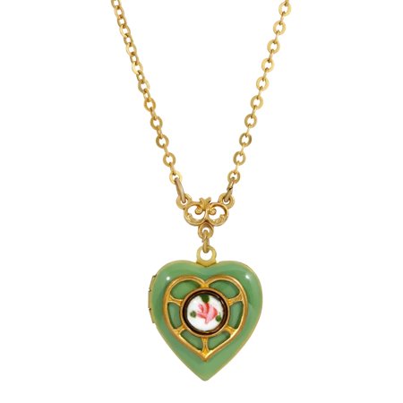 1928 Jewelry Green Heart Picture Locket Pink Rose Pendant Necklace For Women 16" + 3" Extender