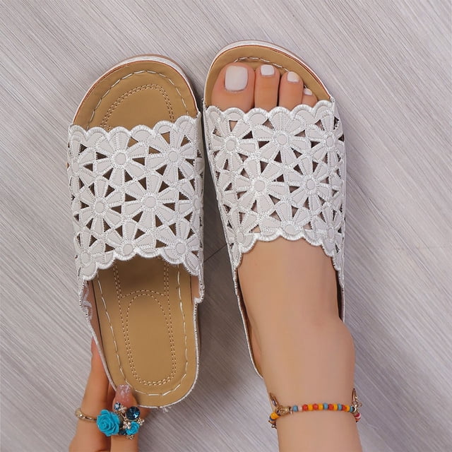 Wedge Sandals for Women Slide Flower Embroidery Hollow out Orthopedic Soft Sole Non Slip Comfortable Walking Beach Summer Slippers Silver