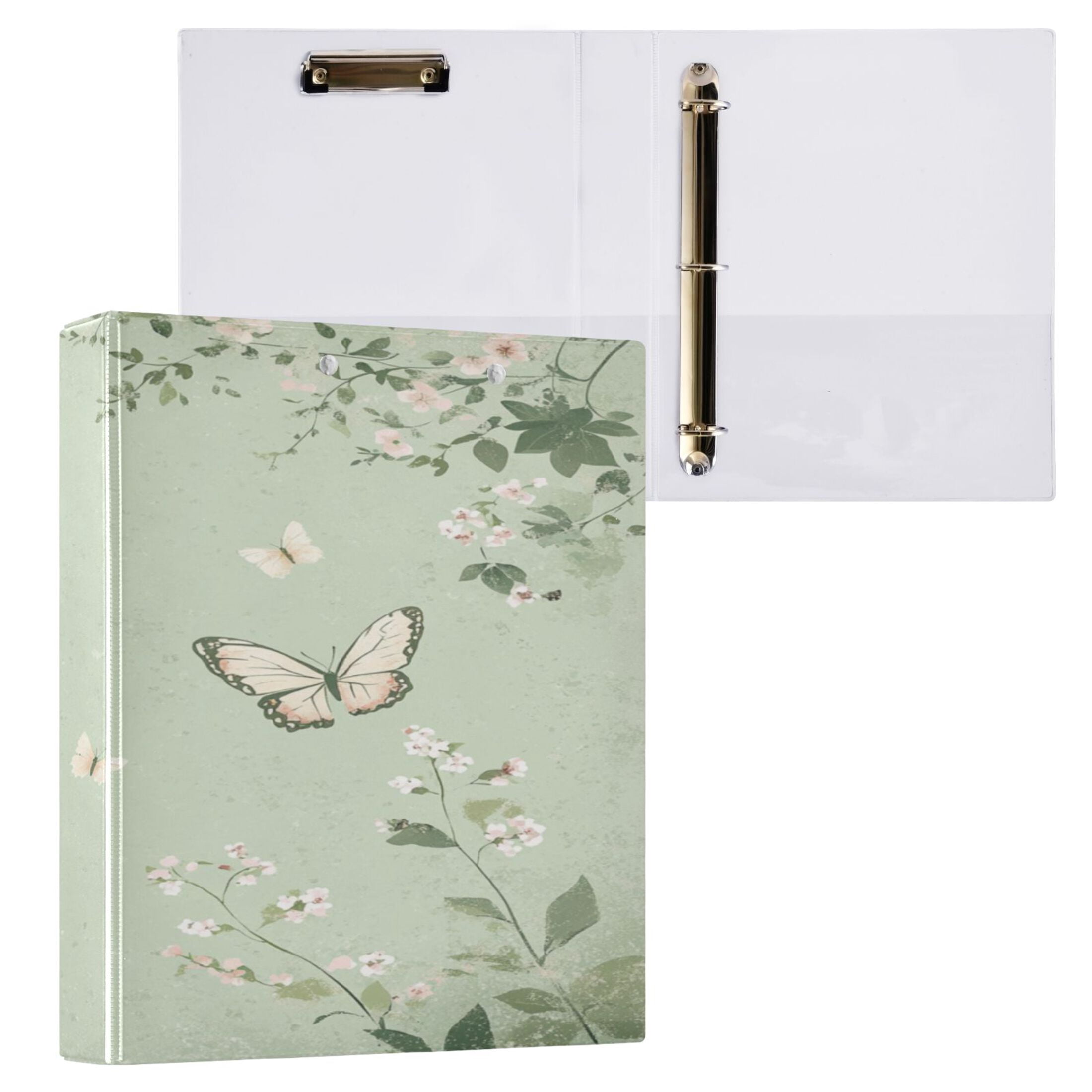 WOBOGO Butterfly Print with Pastel Flowers File Folders Extra Large Capacity to Hold 200 Sheets of Documents Hard Shell Ring Binder for School Home Office