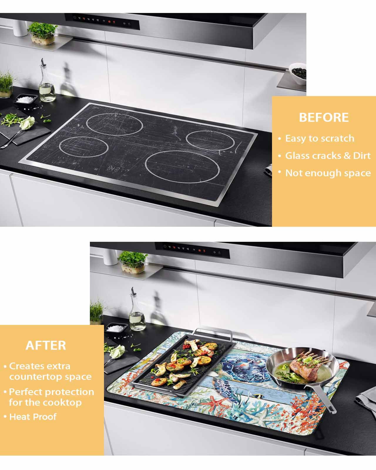 nqOlkjepod Large Induction Cooktop Protector Mat 28.5"x20.5", Sea Turtle Ocean Stove Top Covers for Electric Stove, Summer Beach Coastal Coral Wooden Stove Burner Cover Mats, Glass Top Stove Cover