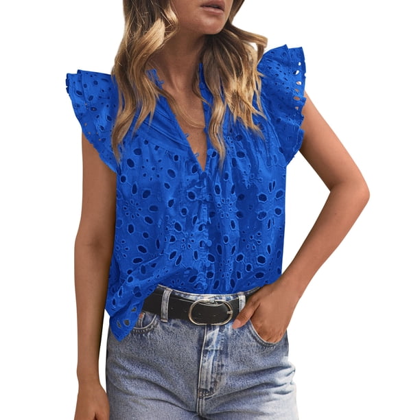 Remera PRETTYGARDEN 2025 con Volados y Mangas Cortas Azul XL
