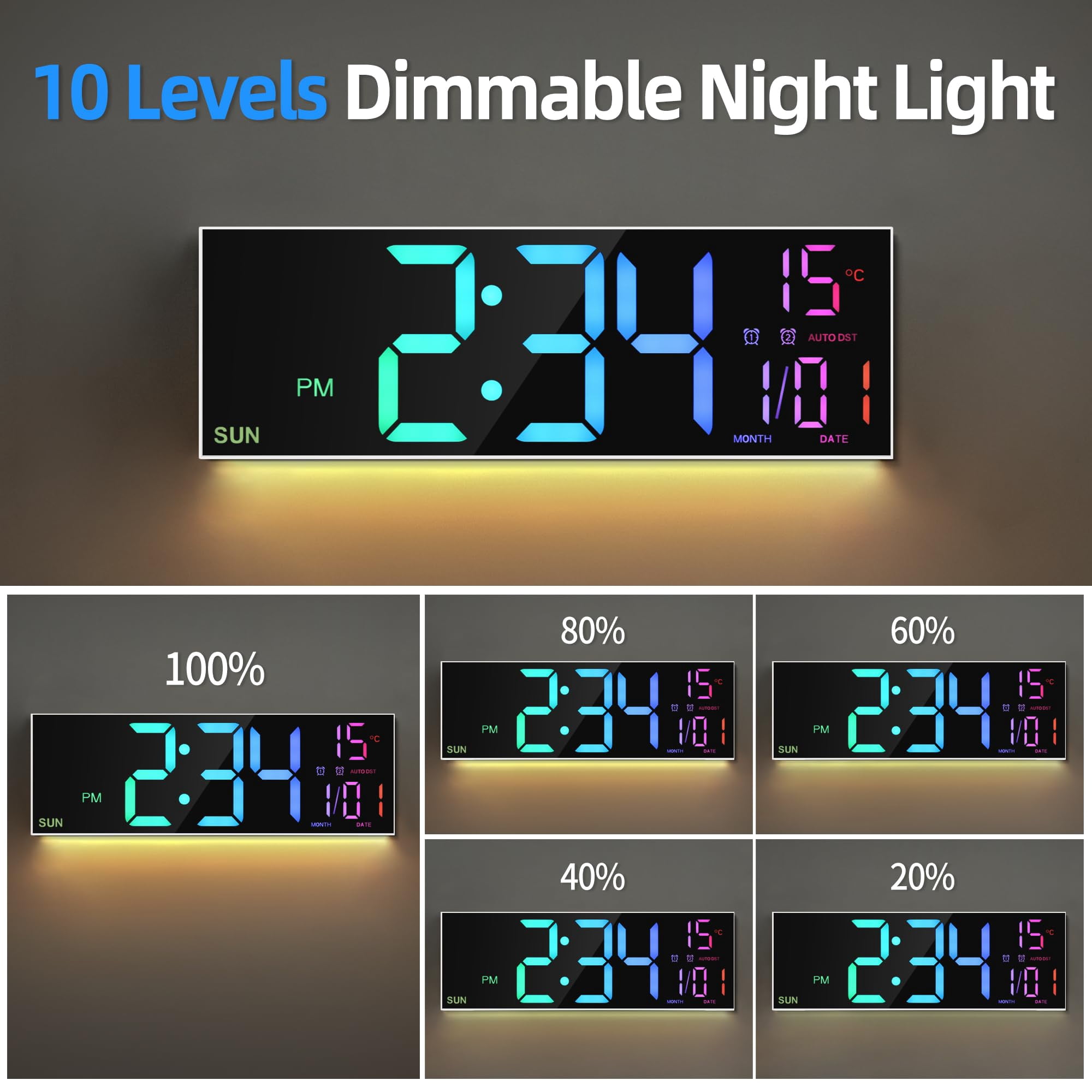 Mee 2ou 16" Large Digital Clock With Temperature, Date, Auto DST, Night Light, Auto Brightness Dimmer, 24/12-hour Wall Clock for Living Room Garage Office Classroom Gym Shop Decor